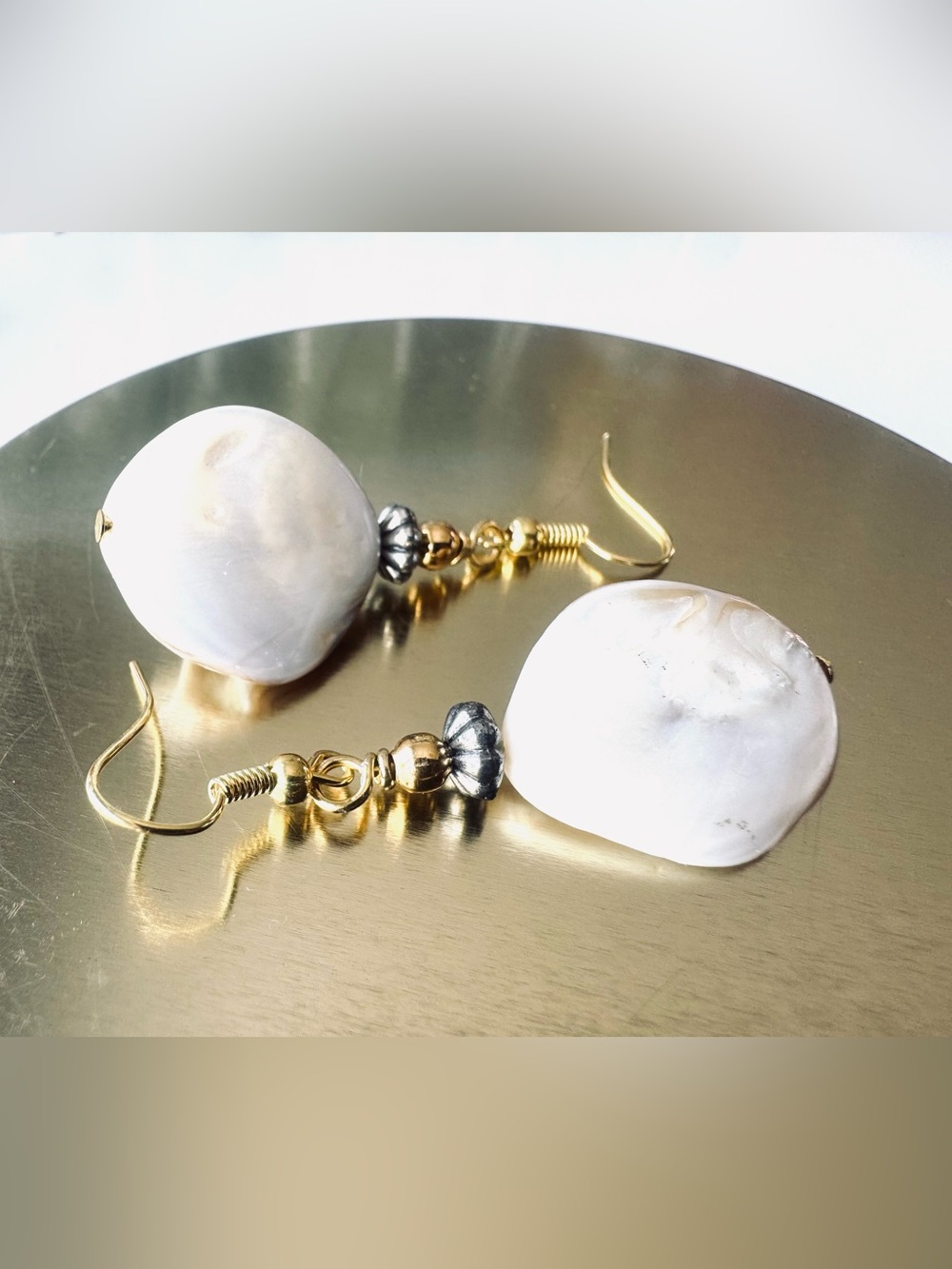 Gold, Silver & White Mother of Pearl Earrings - New - OOAK